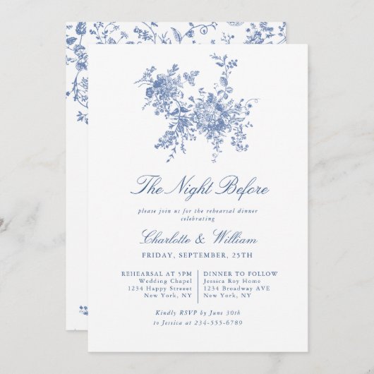 Invitation Elégant Bleu Toile Français Jardin Répétition Dîne (Devant / Derrière)