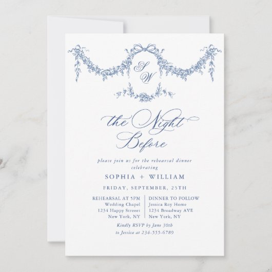 Invitation Elégant Bleu Toile Français Jardin Répétition Dîne (Devant)