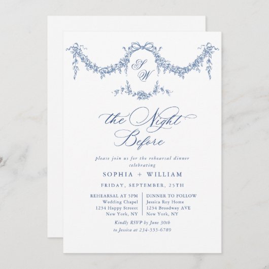 Invitation Elégant Bleu Toile Français Jardin Répétition Dîne (Devant / Derrière)