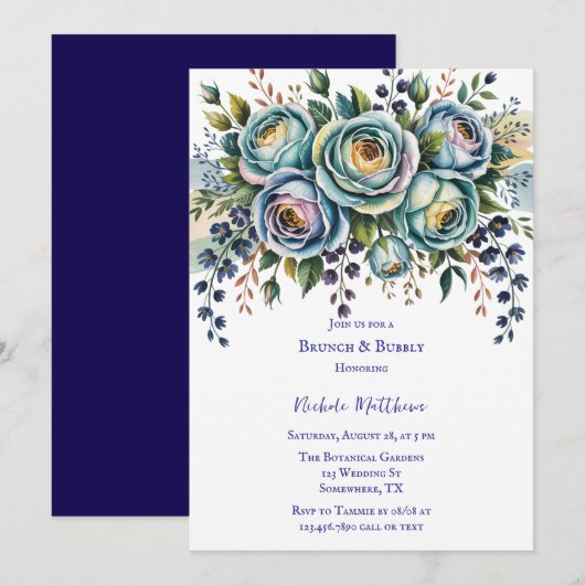 Invitation Elégant bleu turquoise Brunch floral & Bubbly (Devant / Derrière)