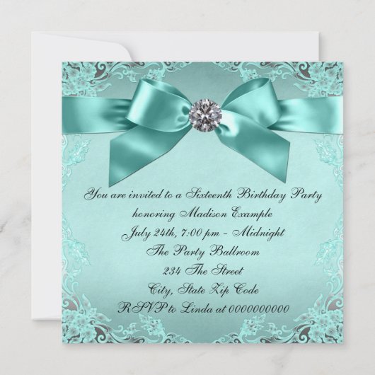 Invitation Elégant bleu Turquoise doux 16 fête d'anniversaire (Dos)