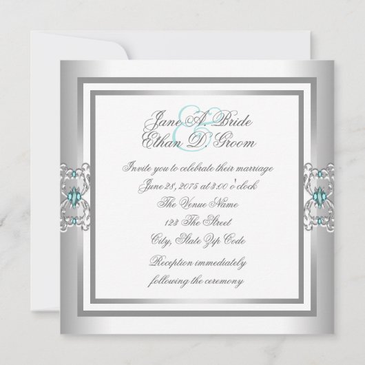 Invitation Elégant bleu turquoise et Mariage argenté (Dos)