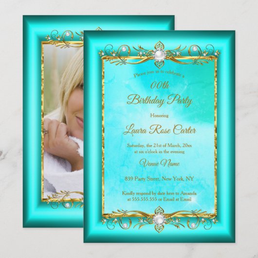 Invitation Elégant bleu turquoise Gold photo Anniversaire (Devant / Derrière)