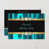 Invitation Elégant bleu turquoise or noir fête d'anniversaire (Devant / Derrière)