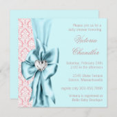Invitation Elégant bleu Turquoise rose Damas bébé fille douch (Devant / Derrière)