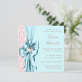 Invitation Elégant bleu Turquoise rose Damas bébé fille douch (Debout devant)