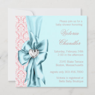 Invitation Elégant bleu Turquoise rose Damas bébé fille douch