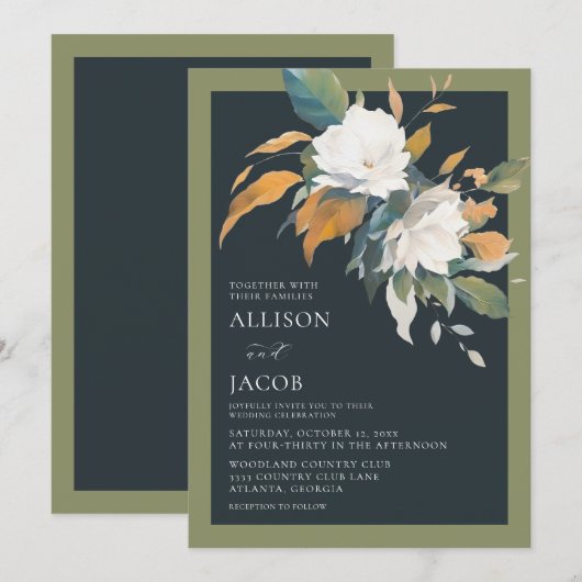 Invitation Élégant bleu vert blanc Mariage floral (Devant / Derrière)