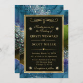 Invitation Élégant bleu, vert et or Parties scintillant Agate (Devant / Derrière)
