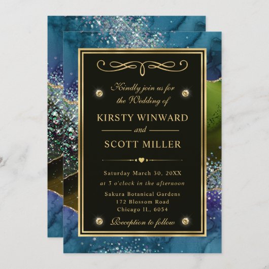 Invitation Élégant bleu, vert et or Parties scintillant Agate (Devant / Derrière)