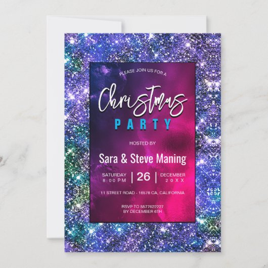 Invitation Elégant bleu vert faux Parties scintillant Noël (Devant)