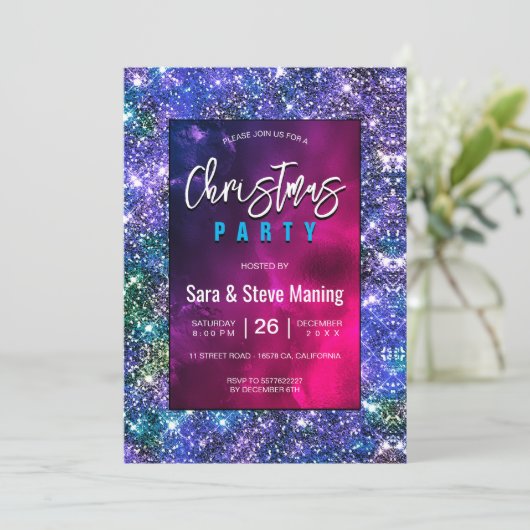 Invitation Elégant bleu vert faux Parties scintillant Noël (Debout devant)