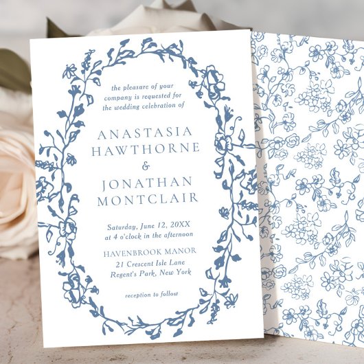 Invitation Elégant bleu Vintage Mariage floral