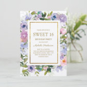Invitation Elégant bleu violet Floral or doux 16 Anniversaire (Debout devant)
