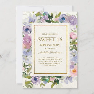 Invitation Elégant bleu violet Floral or doux 16 Anniversaire