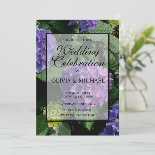 Invitation Elégant bleu violet hydrangée Mariage (Debout devant)