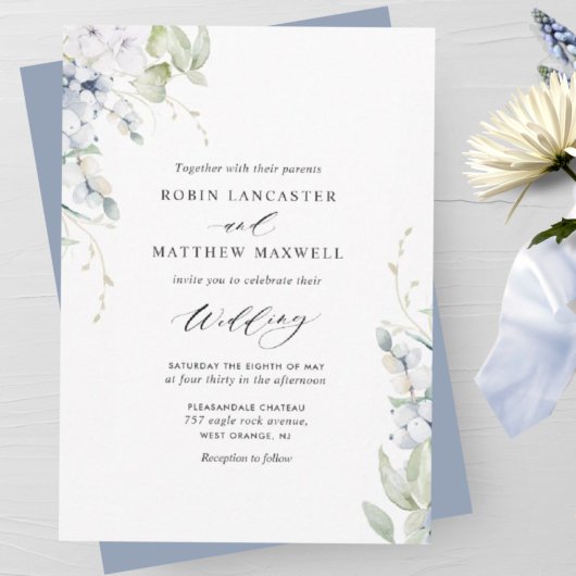 Invitation Elégant Bliss, Dusty Blue Mariage Floral