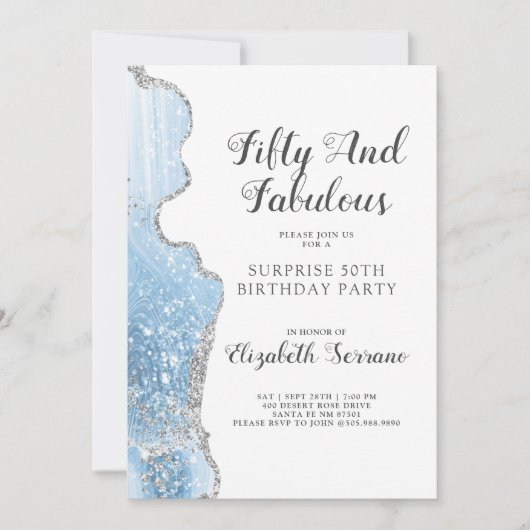 Invitation Elégant Blue Agate Surprise 50e anniversaire (Devant)