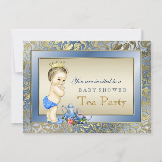 Invitation Elégant Blue and Gold Boys Tea Party Baby shower (Devant)