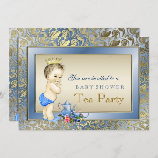Invitation Elégant Blue and Gold Boys Tea Party Baby shower (Devant / Derrière)