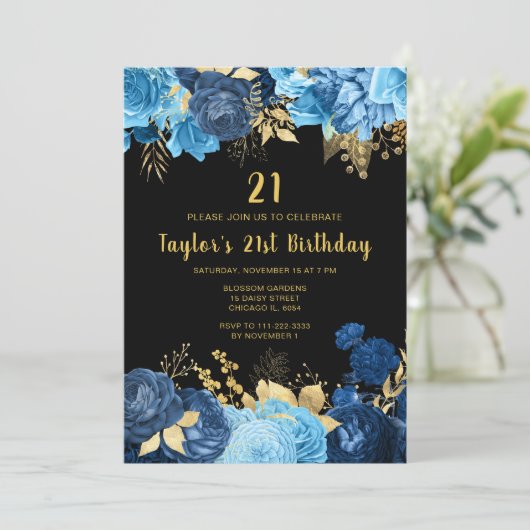 Invitation Elegant Blue and Gold Flowers Birthday Party (Debout devant)