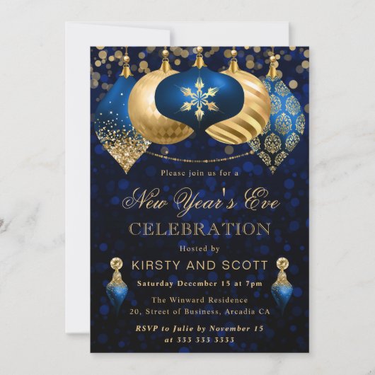 Invitation Elegant Blue and Gold New Year’s Eve Party (Devant)