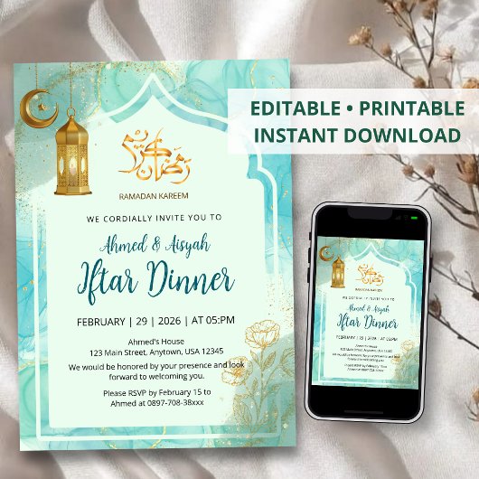Invitation Elegant Blue and Gold with marble texture Iftar