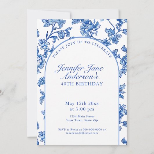 Invitation Elegant Blue and White 40th Birthday Party  (Devant)