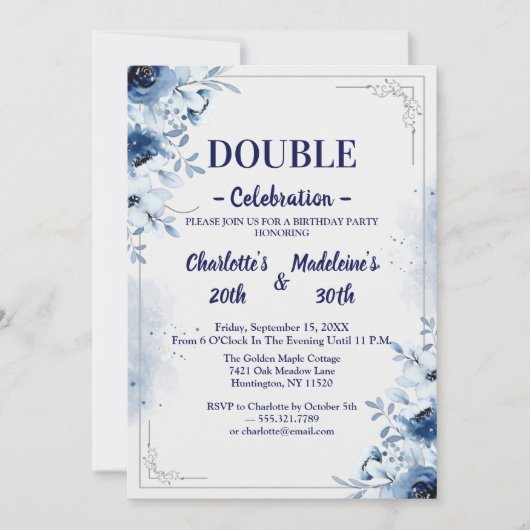 Invitation Elegant Blue and White Floral Joint Birthday (Devant)