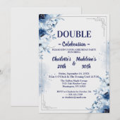 Invitation Elegant Blue and White Floral Joint Birthday (Devant / Derrière)