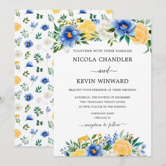 Invitation Elegant Blue and Yellow Floral Wedding (Devant / Derrière)