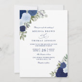 Invitation Elegant Blue Boho Roses Modern QR Code Wedding (Devant)