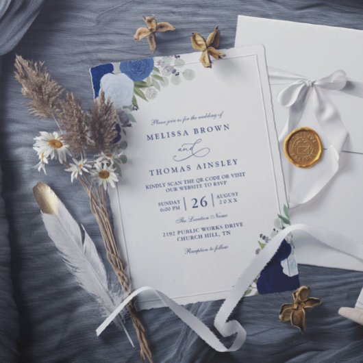 Invitation Elegant Blue Boho Roses Modern QR Code Wedding