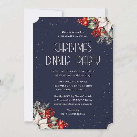 Invitation Elegant Blue Botanical Christmas Holiday Party (Devant)