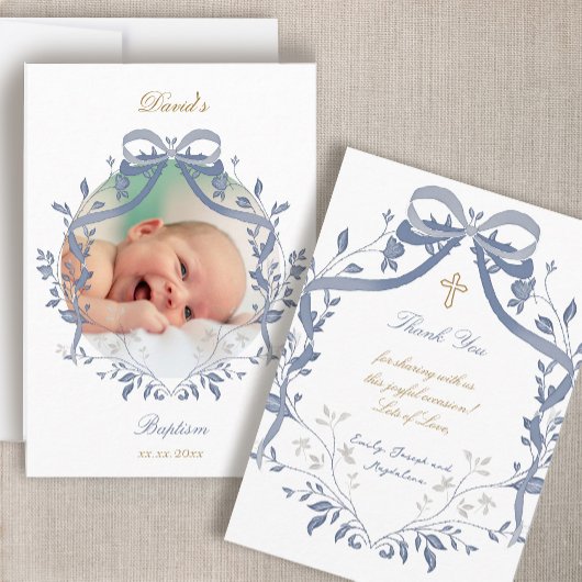 Invitation elegant blue bow Baptism small thank you card