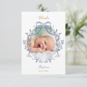 Invitation elegant blue bow Baptism small thank you card (Debout devant)