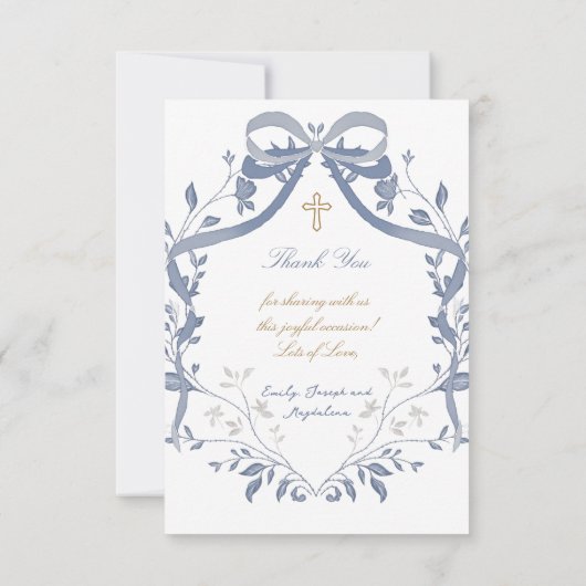 Invitation elegant blue bow Baptism small thank you card (Dos)