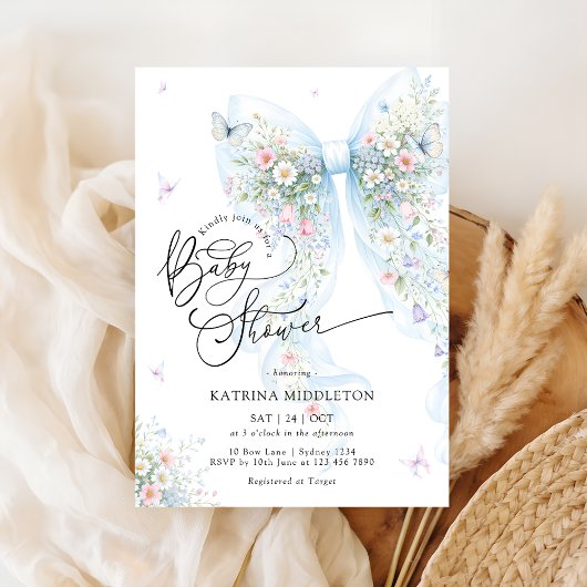 Invitation Elegant Blue Bow Bloom Butterfly Baby Shower