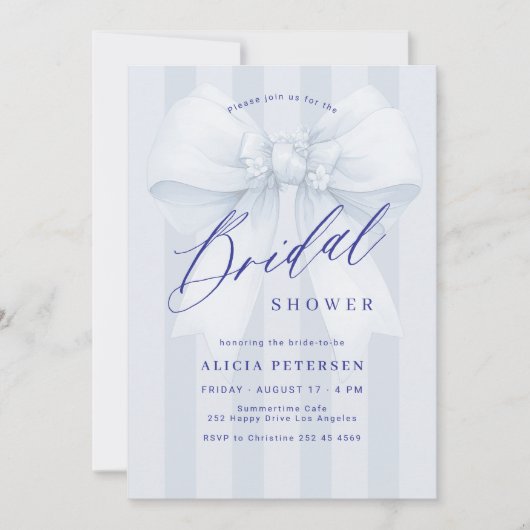 Invitation Elegant blue bow bridal shower (Devant)