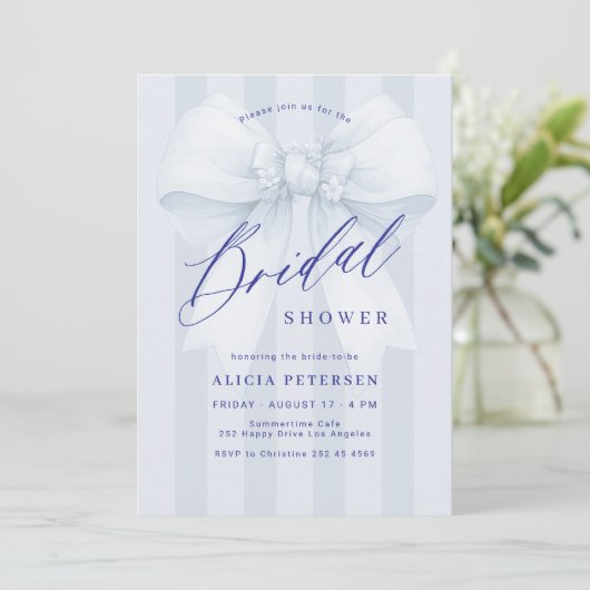 Invitation Elegant blue bow bridal shower (Debout devant)