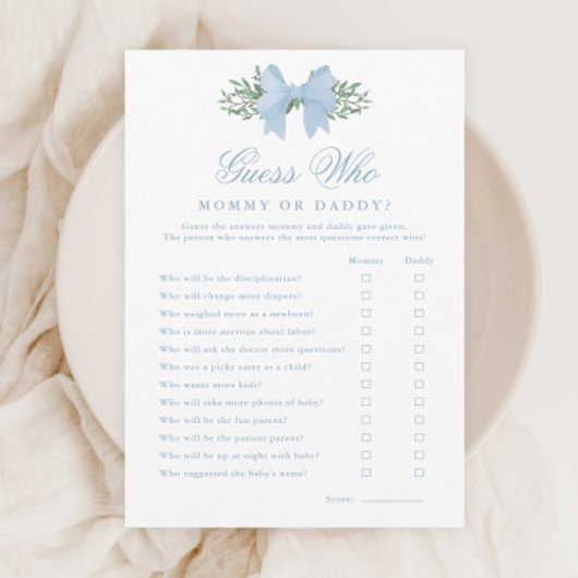 Invitation Elegant Blue Bow Devine Qui Baby shower Jeu