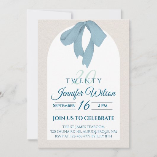 Invitation Elegant Blue Bow Twenty 20th Birthday (Devant)