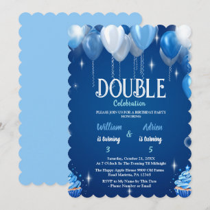 Invitation Elégant Blue Boys Double Anniversaire personnalisa