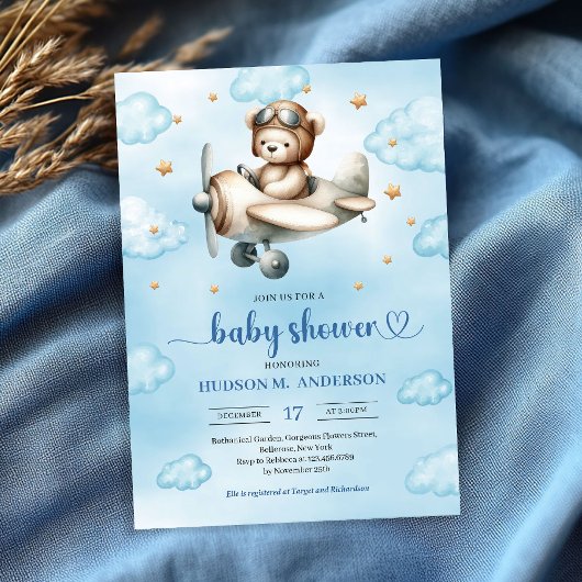 Invitation Elegant Blue Brown Teddy Bear Pilot Baby Shower