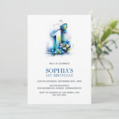 Invitation Elegant Blue Butterfly Floral 1st Birthday Party (Debout devant)