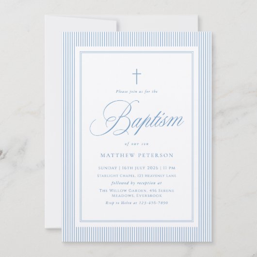 Invitation Elegant Blue Calligraphy Baptism (Devant)