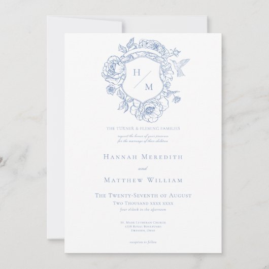 Invitation Elégant Blue Chinoiserie Bird & Crest Mariage (Devant)