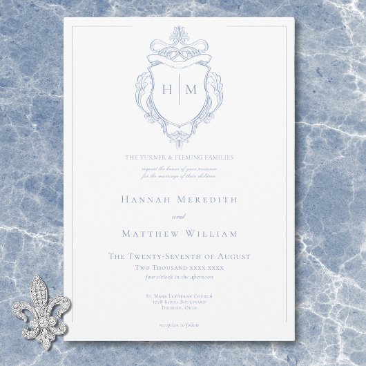 Invitation Elégant Blue Chinoiserie Bird & Crest Mariage