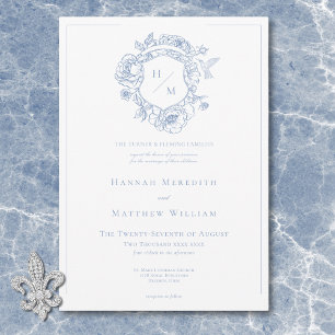 Invitation Elégant Blue Chinoiserie Bird & Crest Mariage