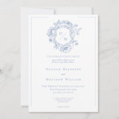 Invitation Elégant Blue Chinoiserie Bird & Crest Mariage (Devant)